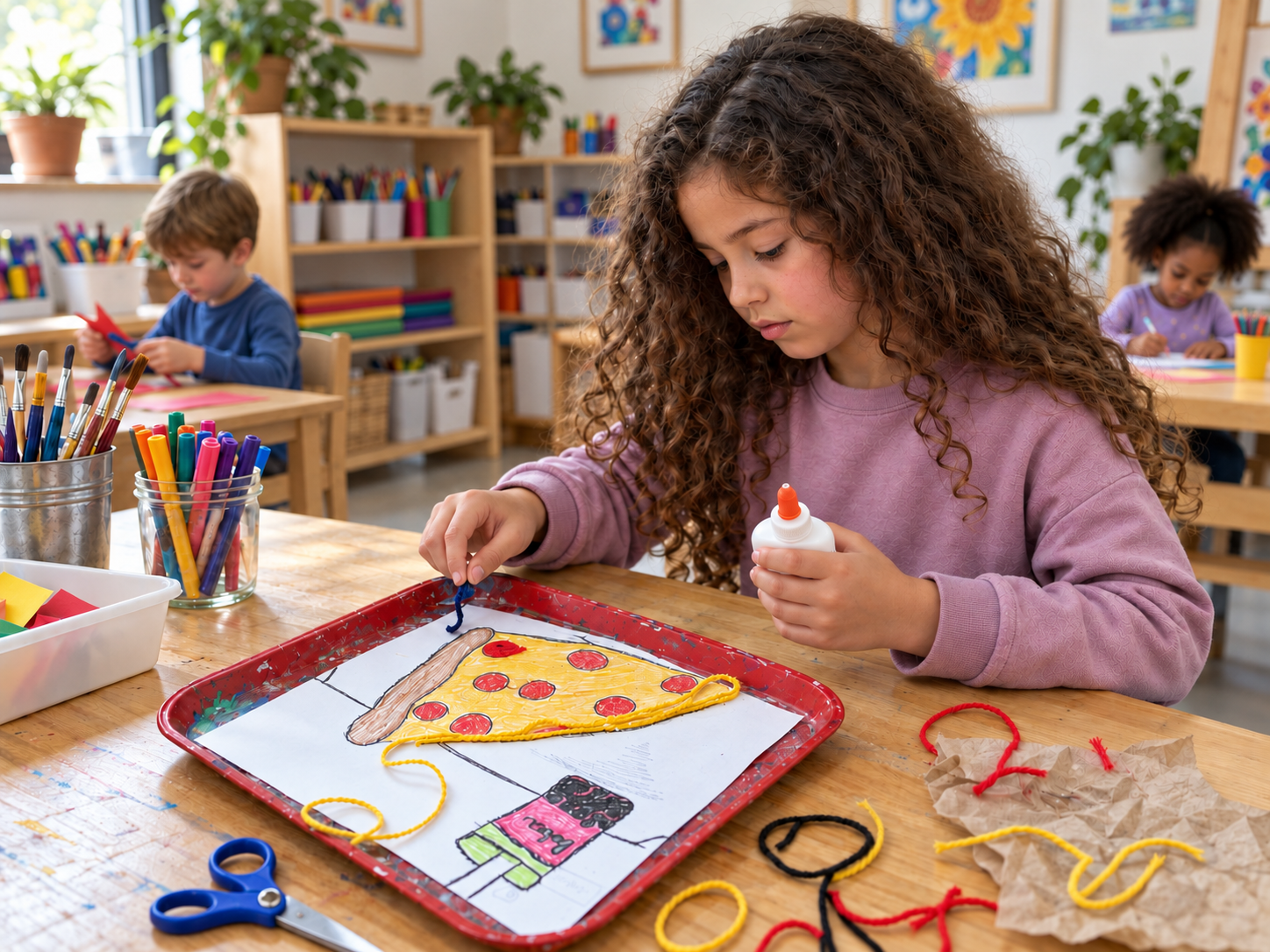 Child creating mixed-media pizza artwork with paper, drawing, and yarn