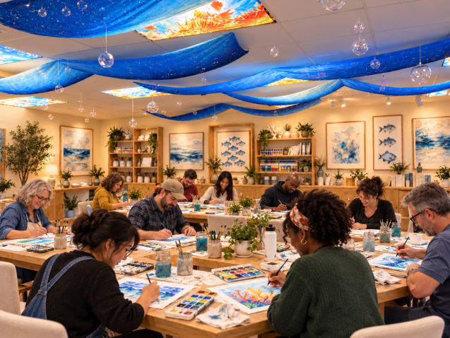 Adults enjoying a guided painting workshop in an ocean-themed studio