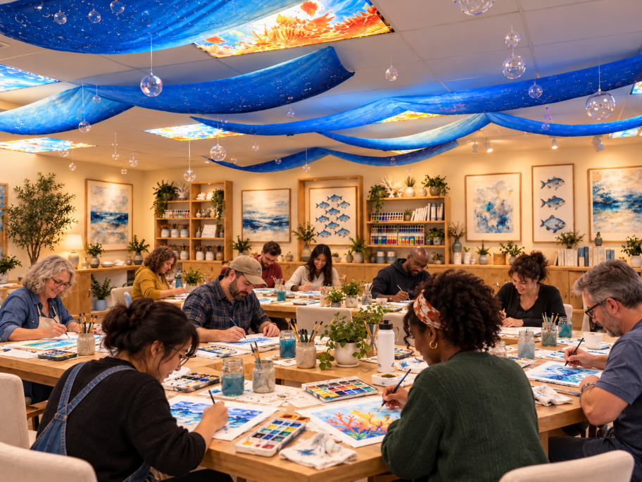 Adults painting together in an ocean-themed art studio