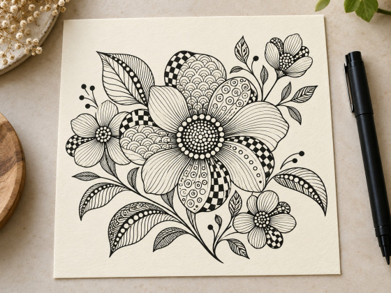 Flower-pattern Zentangle-inspired drawing example in black ink