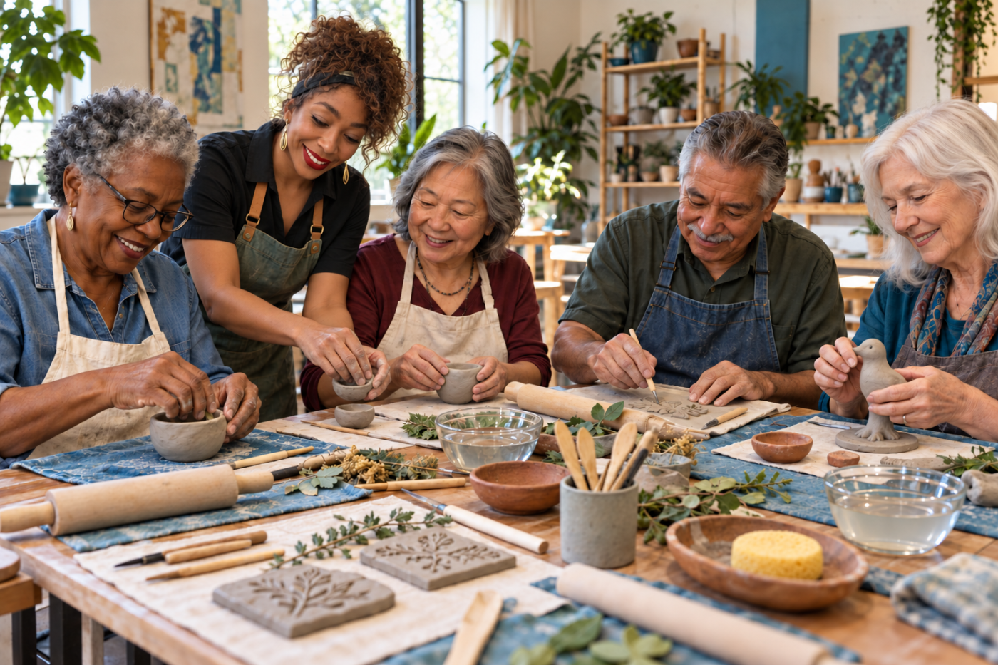 Rl guiding older adults as they create air-dry clay artwork together