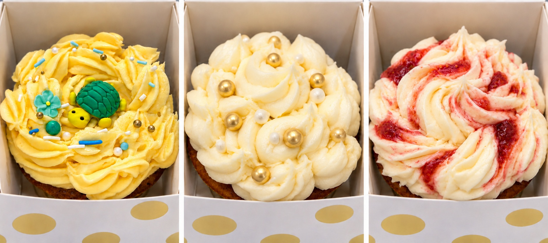 Cupcake designs with turtle decoration, cream cheese frosting with gold and white pearls, and strawberry swirls