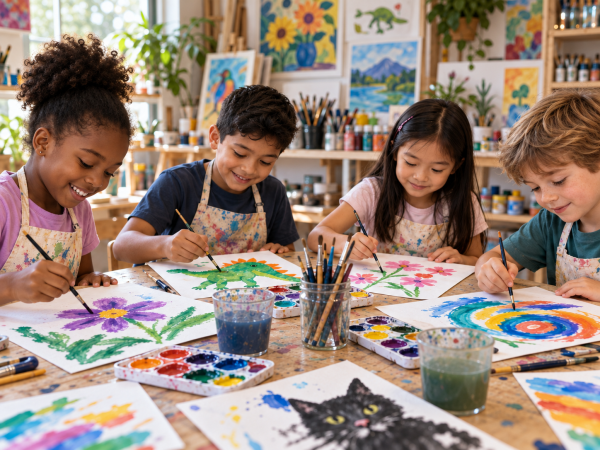 Children painting colorful artwork together in an art studio