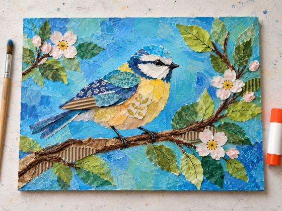 Example mixed media project: bird artwork combining paint, paper, cardboard, and yarn