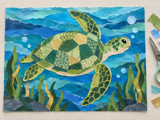 Example collage project: sea turtle made from layered cut and torn paper