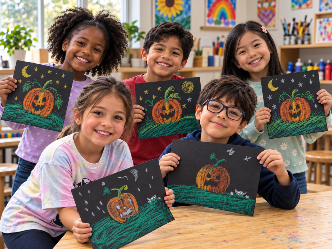 Children proudly sharing their pumpkin artwork