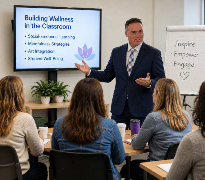 Male presenter leading a wellness workshop for a seated adult group